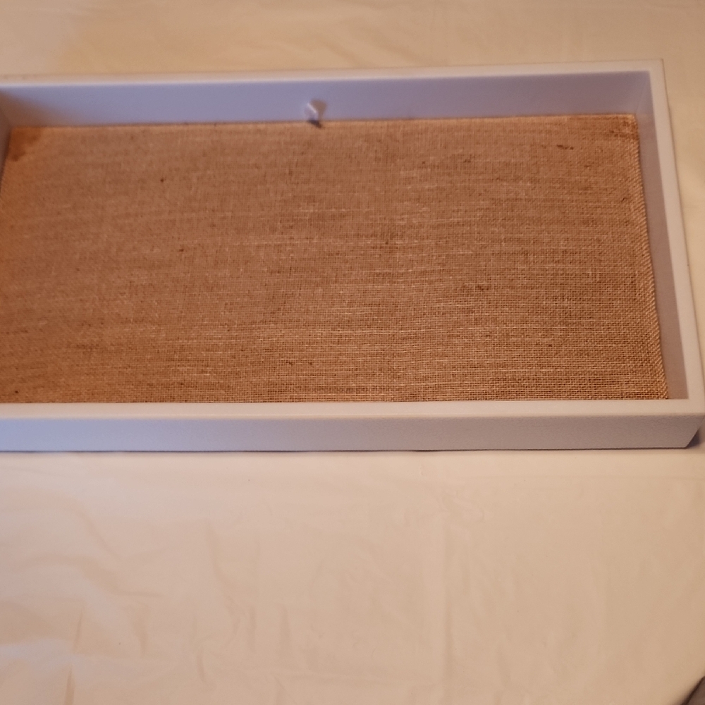Framed Burlap Jewelry Display Tray - White Frame, Natural Burlap